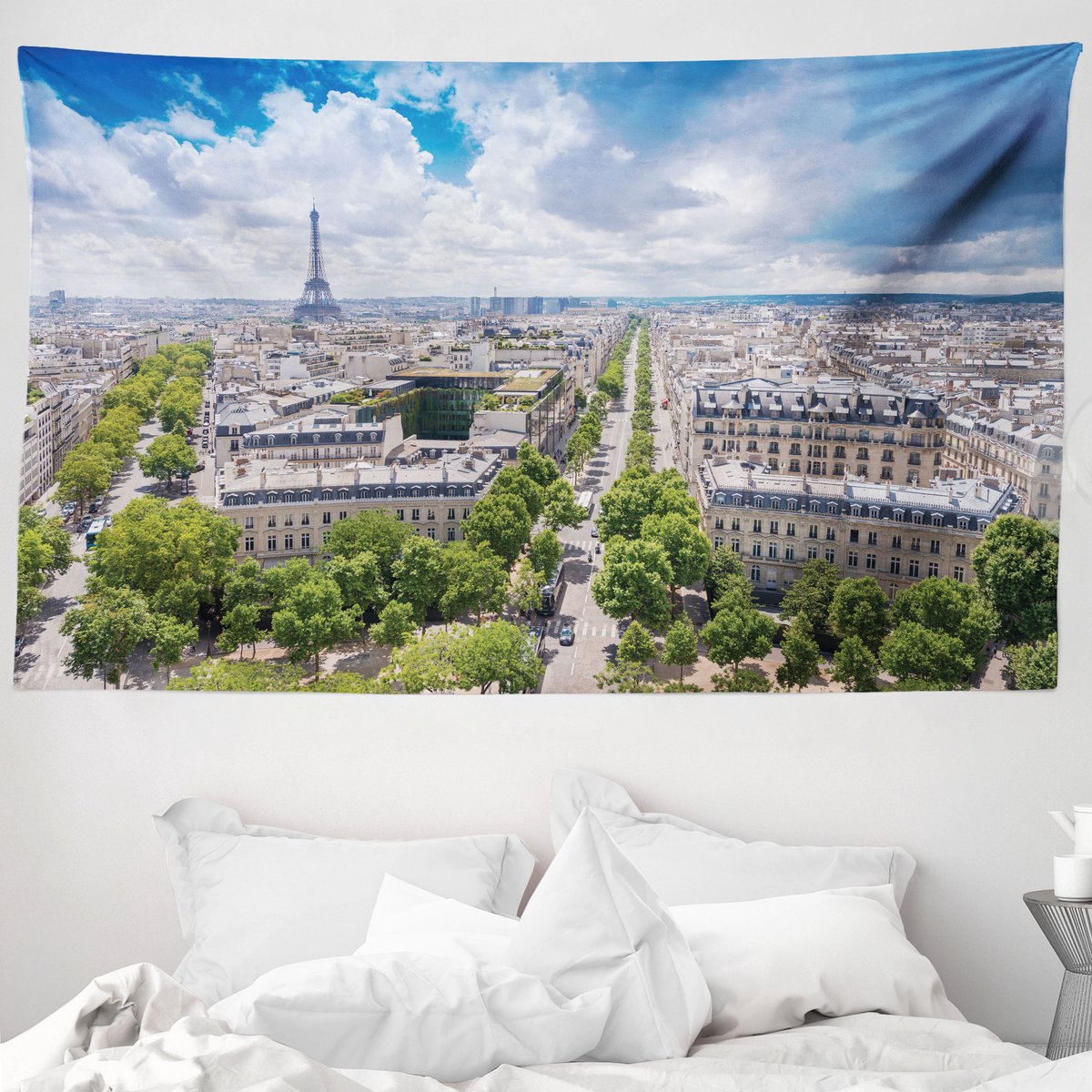 ABAKUHAUS Europees wandtapijt, Luchtfoto van Parijs met de Eiffeltoren, 230 x 140 cm, Crèmegroen Lichtblauw, crèmegroen