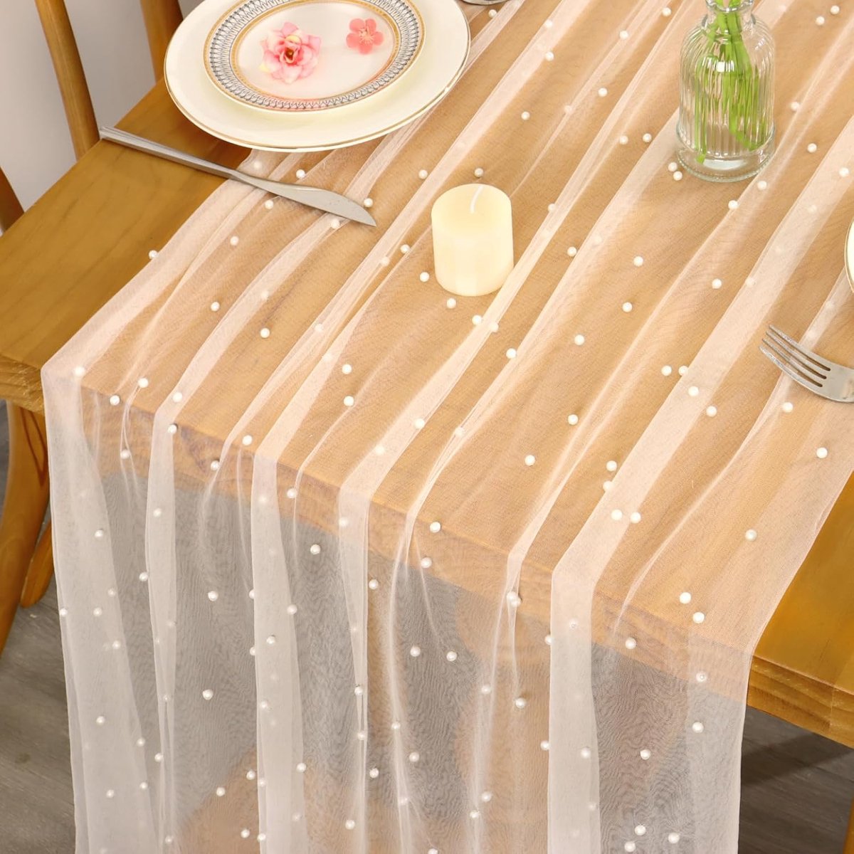 Elegante Beige Tafelloper 75 x 300 cm voor Bruiloft Decoratie met Parels en Tule