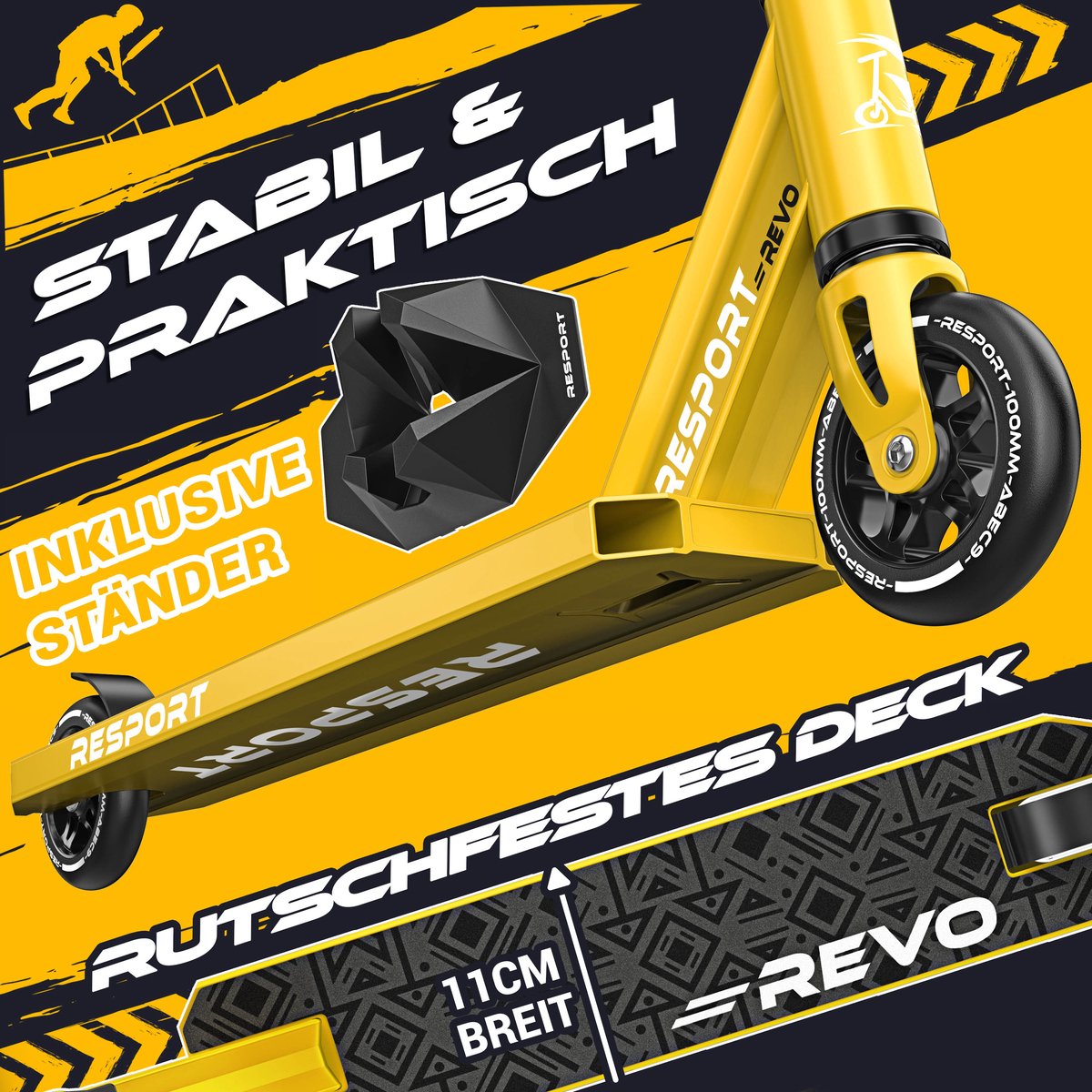 RE:SPORT Stuntstep REVO - Stuntstep voor Kinderen & Volwassenen - ABEC-9 - 100mm PU Wielen - Met Standaard - Y-Bar - Trick Scooter