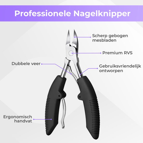 Zwarte ergonomische nagelknipper met dubbele veer en scherp gebogen mesjes.