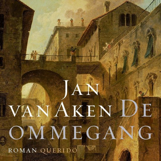 Boekomslag van De Ommegang van Jan van Aken, met een schildering van een oude stad met gebouwen en een brug.