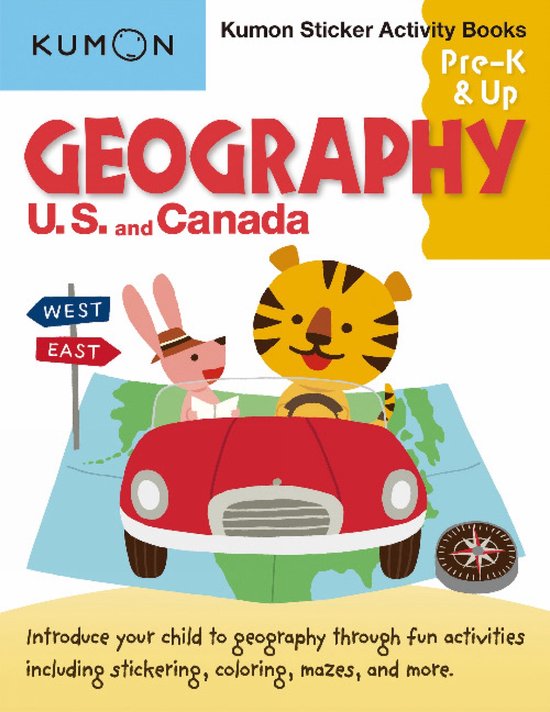 Kumon stickerboek Geografie VS en Canada voor peuters en kleuters. Met een konijn en tijger in een auto, en een kompas.