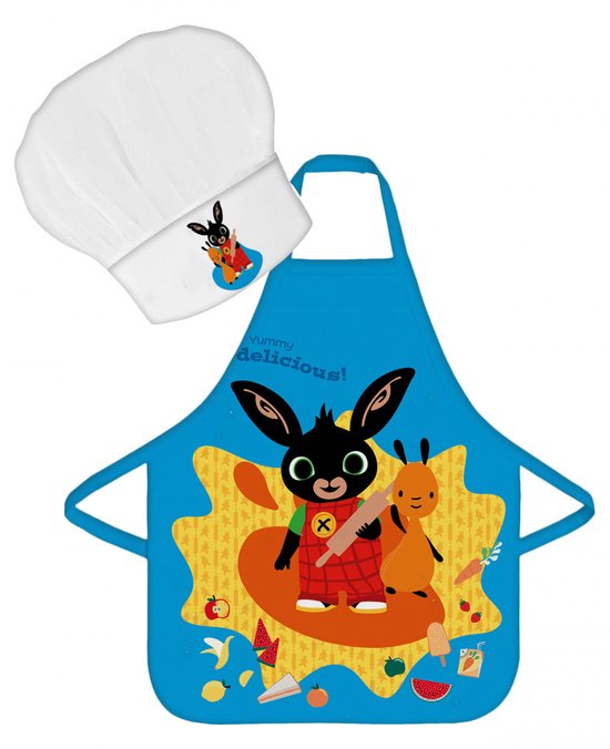 Blauw schort met Bing en Flop als koks, met de tekst 'Yummy delicious!' en bijpassende koksmuts.