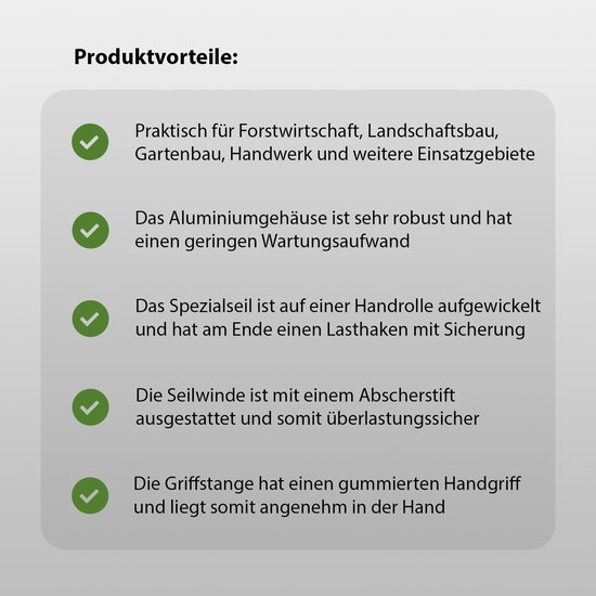 Lijst met productvoordelen, waaronder een robuuste aluminium behuizing, speciaal touw op een handrol met eindhaak, en een rubberen handvat.