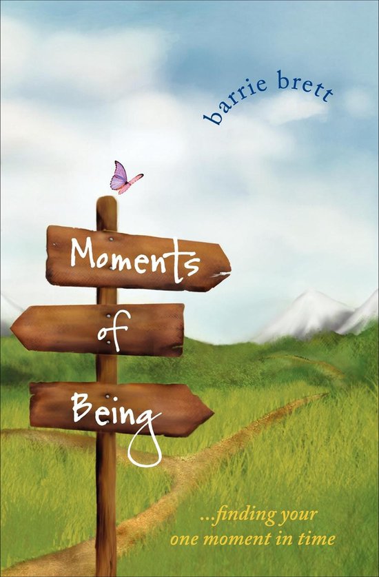 Livre "Moments of Being" de Barrie Brett, avec un panneau en bois indiquant "Moments of Being". Un papillon vole au-dessus du panneau. À l'arrière-plan, de l'herbe verte, des montagnes et un chemin.