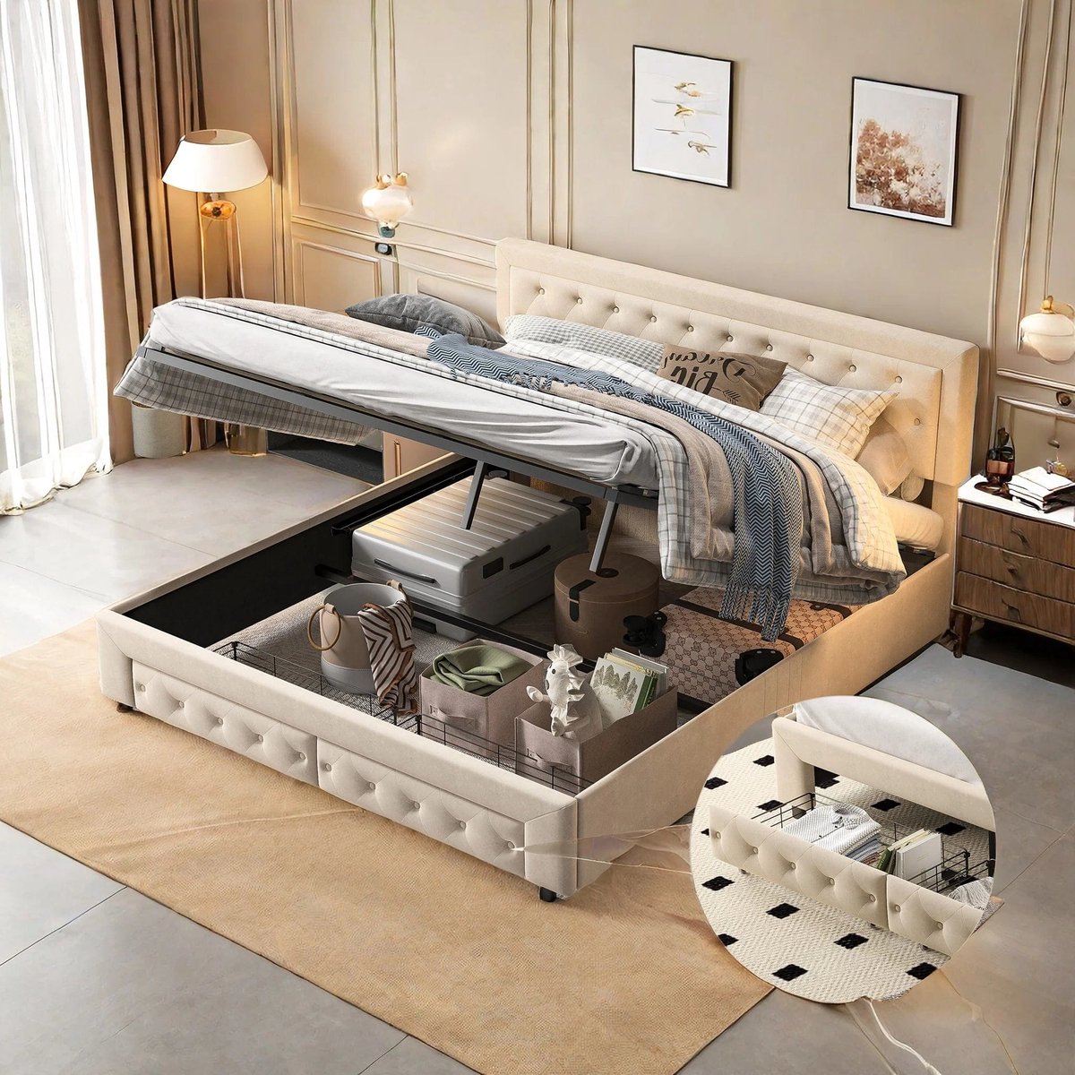 Gestoffeerd Tweepersoonsbed – Opbergbed – Boxspring Bed – Luxe Bedframe – Hydraulisch Liftmechanisme – 160x200 cm – Met Ruime Opbergruimte