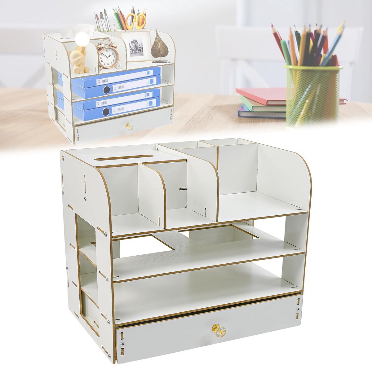 Staplbare Bureau-Organizer van Hout in Wit - Documentenbak en Archiefopslag