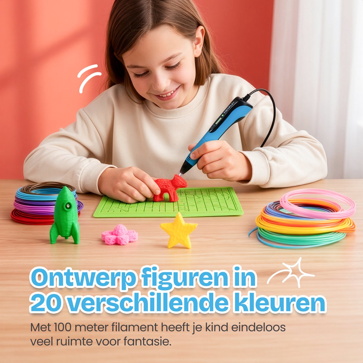 TinyPlay 3D Pen Starterspakket XXL – 3D tekenen - 100m Vullingen PLA Filament 1.75 mm – 3d pennen tekenset - Voor kinderen - Sjablonen boek - Opbergcase en tekenmat – Blauw — afbeelding 3