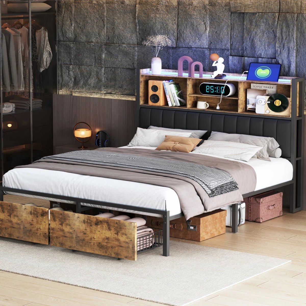 Bedframe – Metalen Bed – Gestoffeerd Bed – Tweepersoonsbed – Industrieel Bed – 160x200 cm – Met Opberglades en Robuust Metaalframe