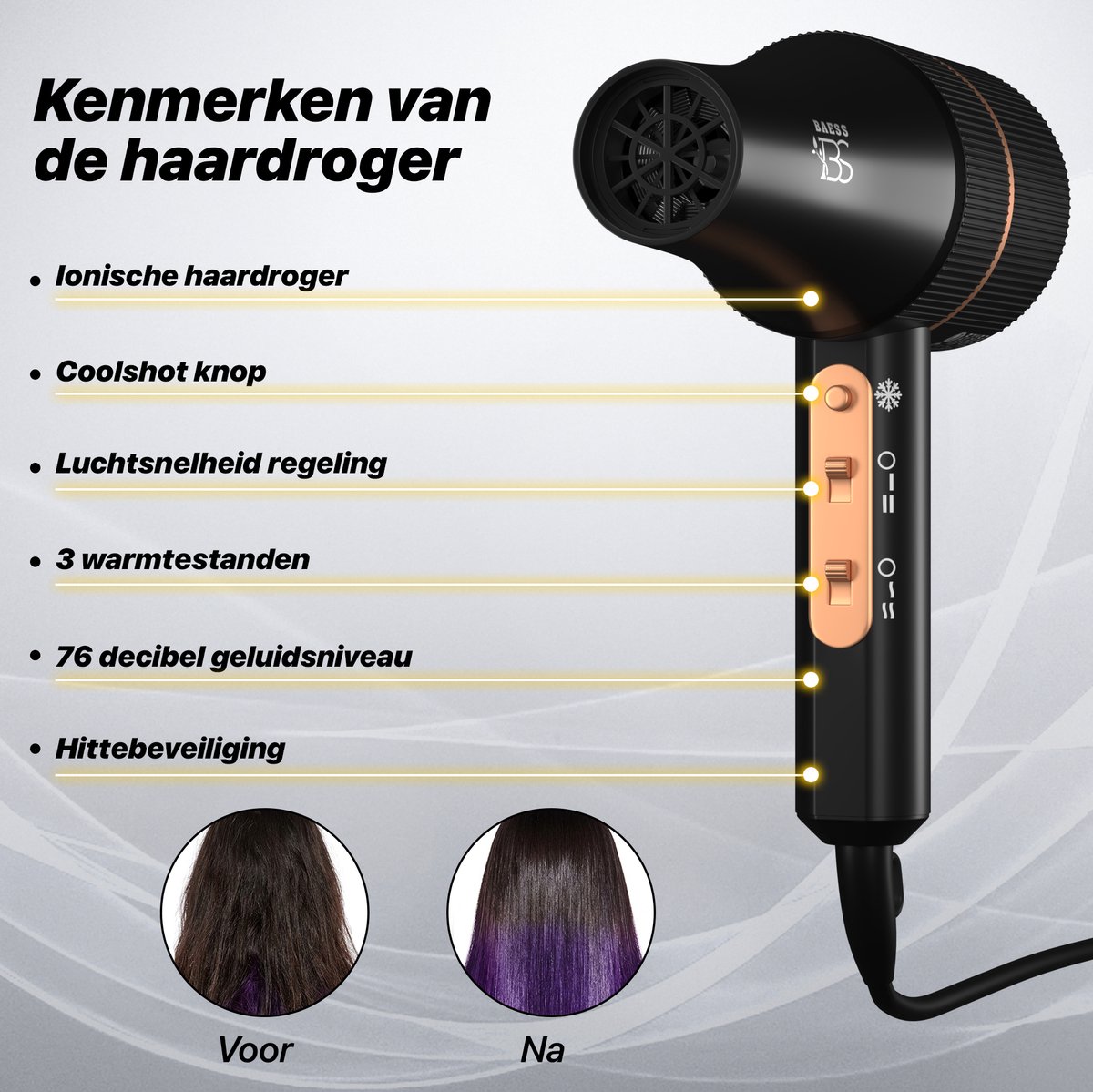 BAESS Föhn met Diffuser - 5 Standen - Ionische Haardroger met Borstel - Retro Haarföhn - Krullen - Hair dryer - Zwart thumbnail 4
