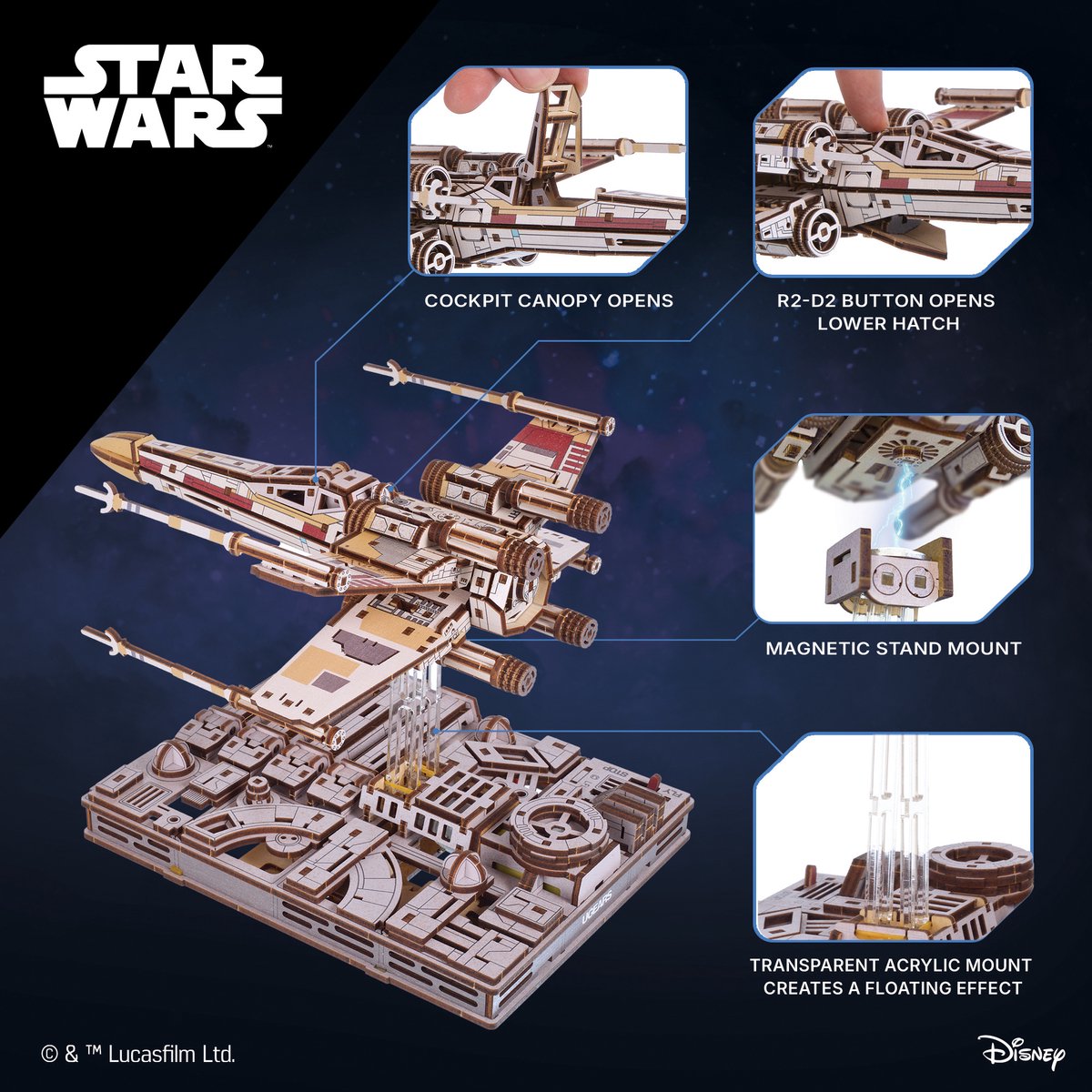 UGEARS 3D Modelbouw - Luke Skywalker's X-Wing Starfighter - Star Wars - Mechanisch Bouwpakket Hout - Educatief Speelgoed — afbeelding 20