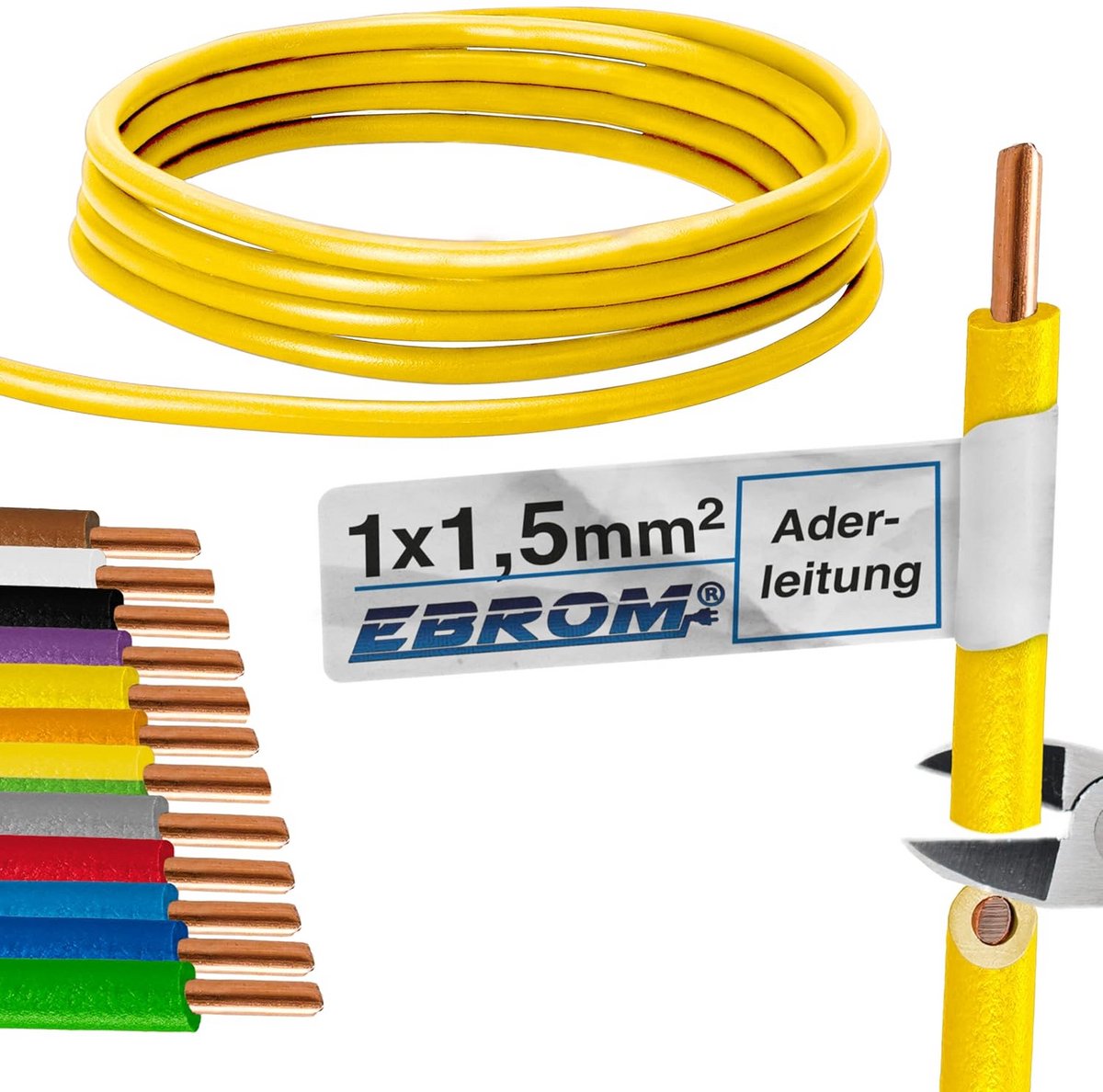 Stijve PVC kabel H07V-U 1,5 mm² - Gele stroomdraad voor inbouw en verlichting - Opties van 10m tot 100m