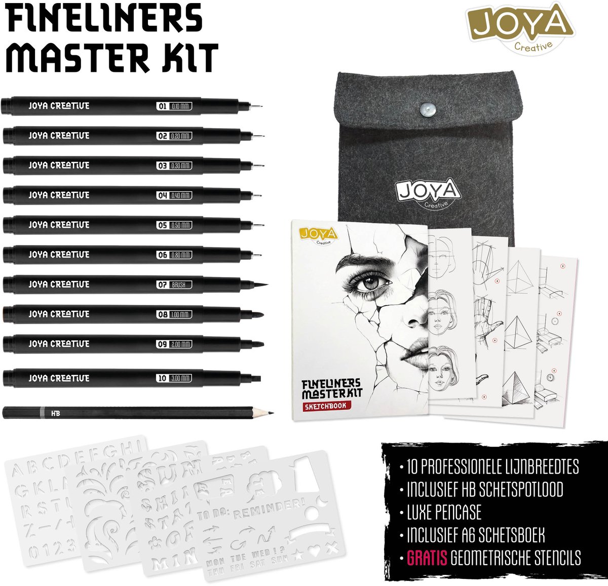Joya Creative Fineliners Zwart Set - 10 Fineliners met Verschillende Diktes - Pen Case - Schetsboek - Brush Pen - Handlettering en Manga Tekenen — afbeelding 4