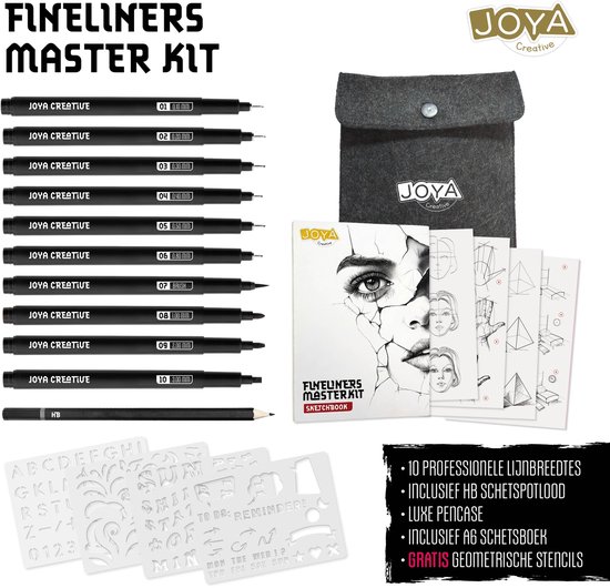 Joya Creative fineliner master kit met 10 pennen, schetsboek, sjablonen en etui.