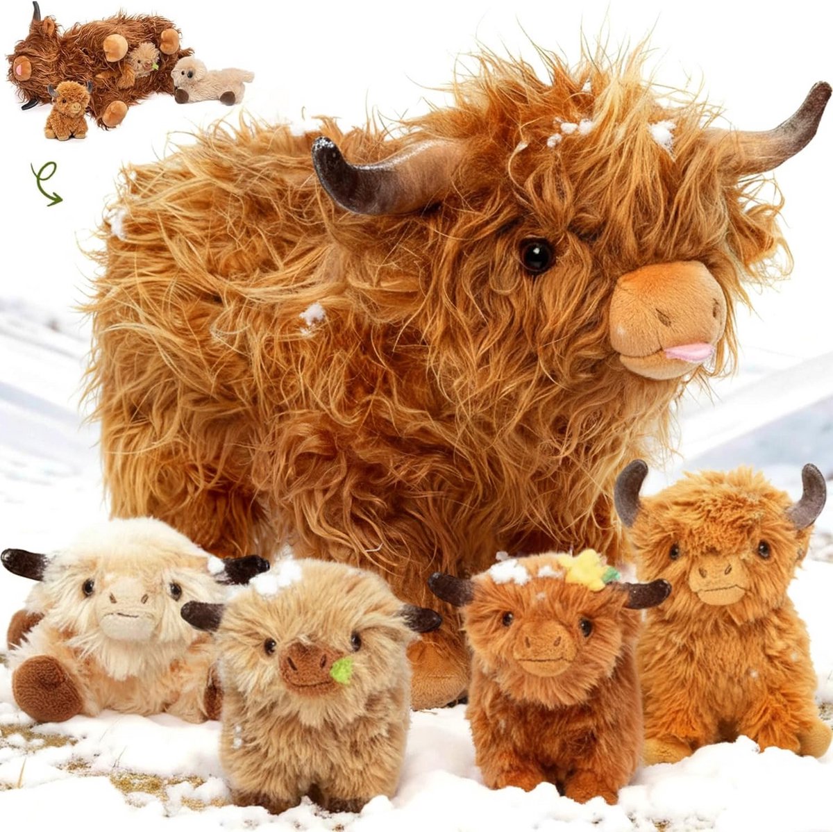 Schotse Hooglander Pluche Knuffel met 4 Baby's - Superzacht Kussen voor Kinderen