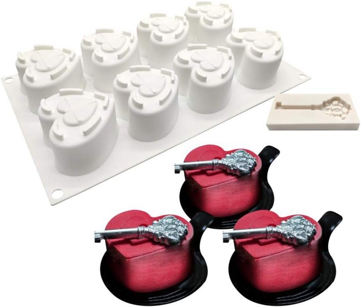 Silicone Bakvorm Hartjes met Sleutel - 8 Gaten voor Mousse, Taart en DIY Bakken