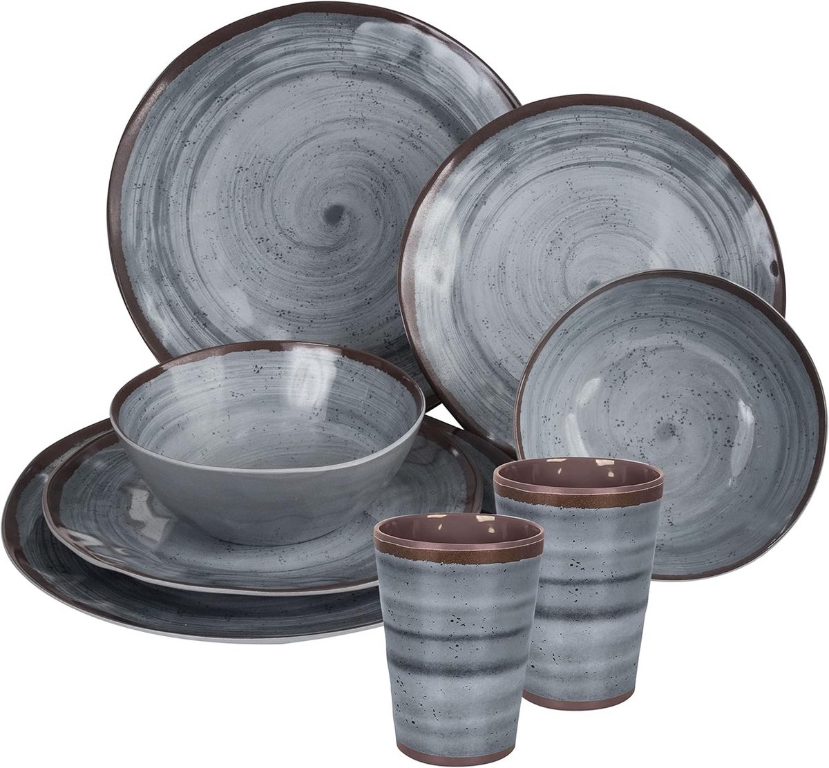 Melamine Servies Set voor 2 Personen, Steengoed Look, Grijs, 8 Delen