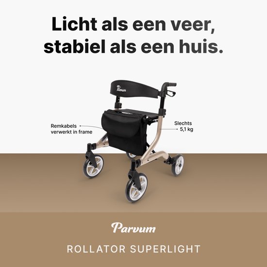 Champagnekleurige Parvum rollator met zwarte tas en zitting. Remkabels verwerkt in frame. Gewicht 5,1 kg.