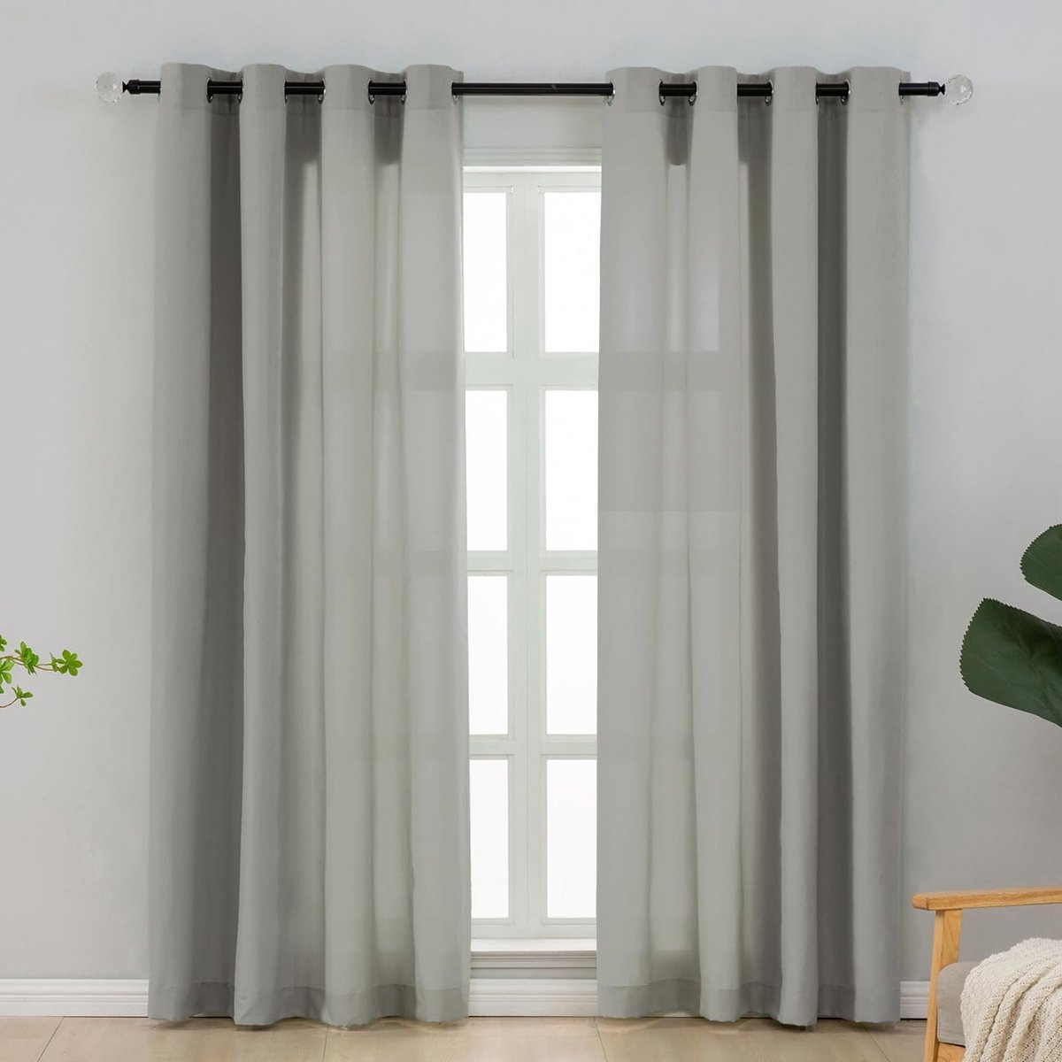 Set van 2 Lichtgrijze Gordijnen met Oogjes, Katoenlook, 225 cm Lang