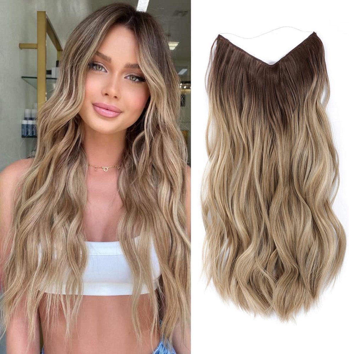 Onzichtbare Haarextensions 40 cm met Draad - Krullend Synthetisch Haarstuk met Clips