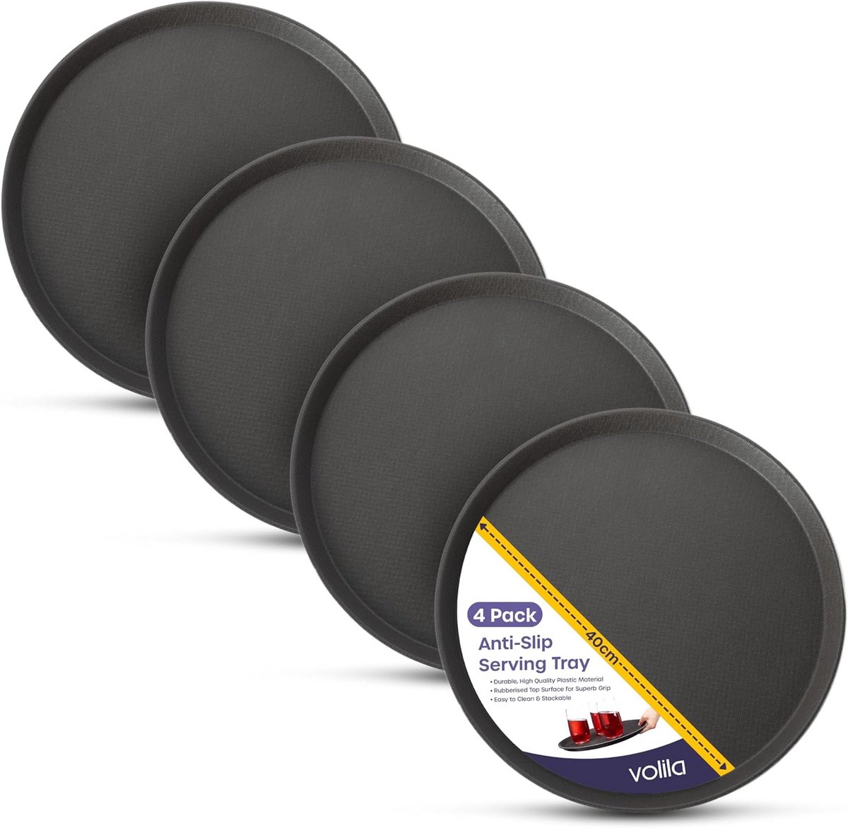 Set van 4 Ronde Zwarte Serveerbladen met Antislip en Hoge Rand (40cm)