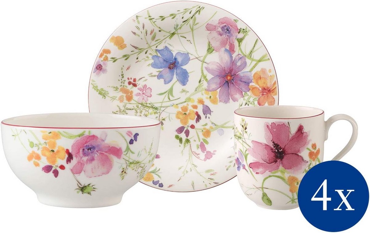 12-delige Ontbijtset Premium Porselein Kleurrijk Landelijk Servies Set