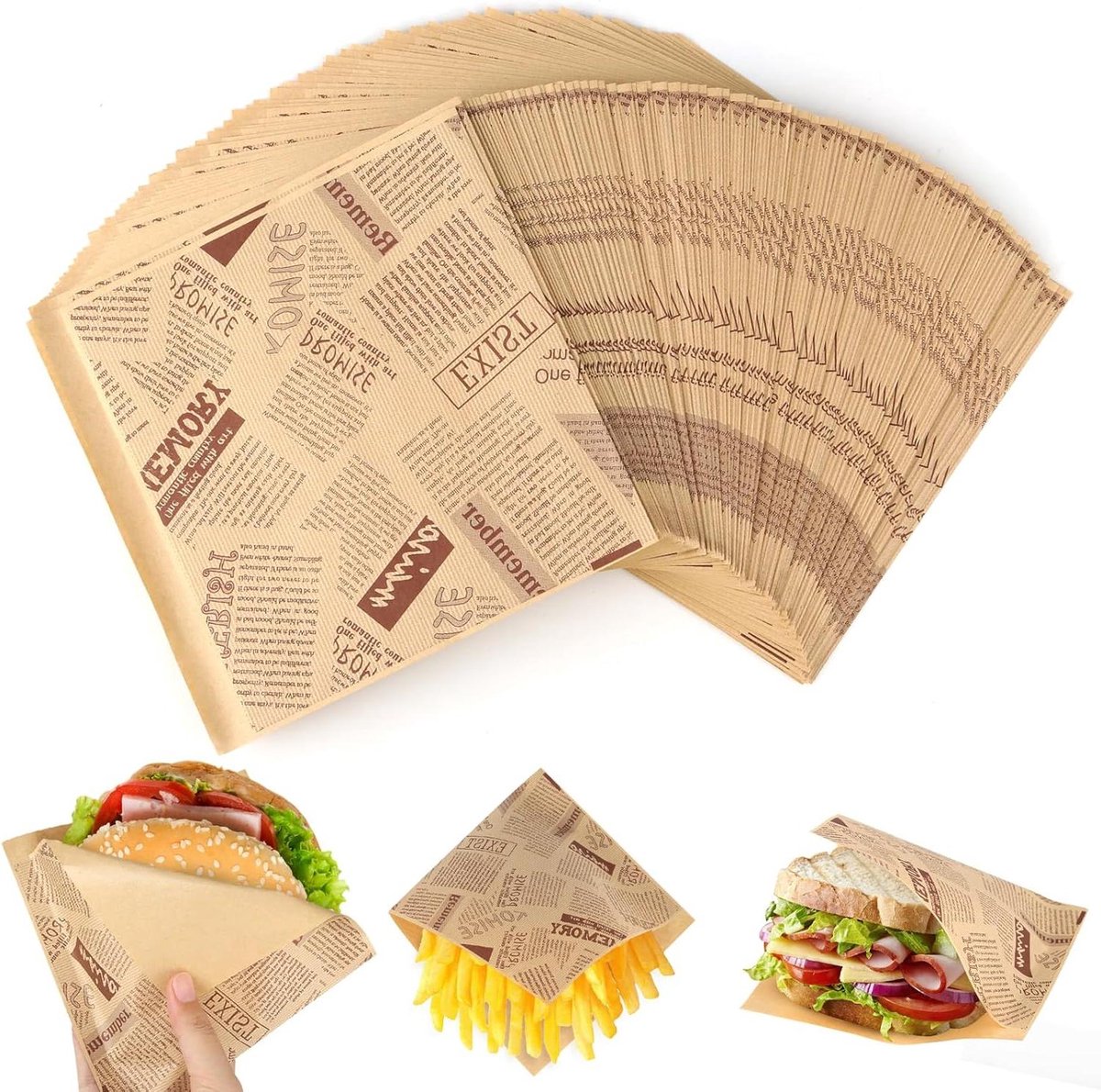 200 stuks Papieren Vellen 15x15 cm voor Hamburger, Döner, Sandwich en Friet