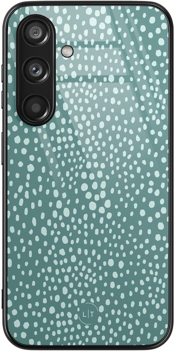 Hoesje geschikt voor Samsung Galaxy S24 - Blue dots - Luxe Glazen Hardcase - Gestipt - Blauw