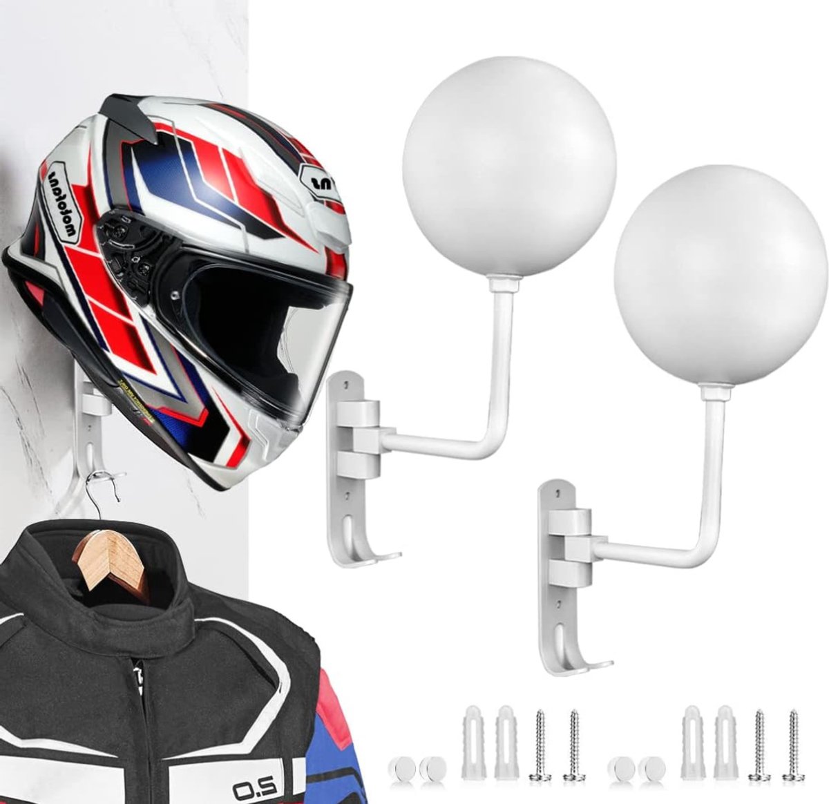 VIN® Helmhouder - Helm Houder - Helm Kapstok – 2 Pack - Helm Standaard - Motorhelm Steun – Wandsteun Ophangsysteem – Draaibare Houder - Wit