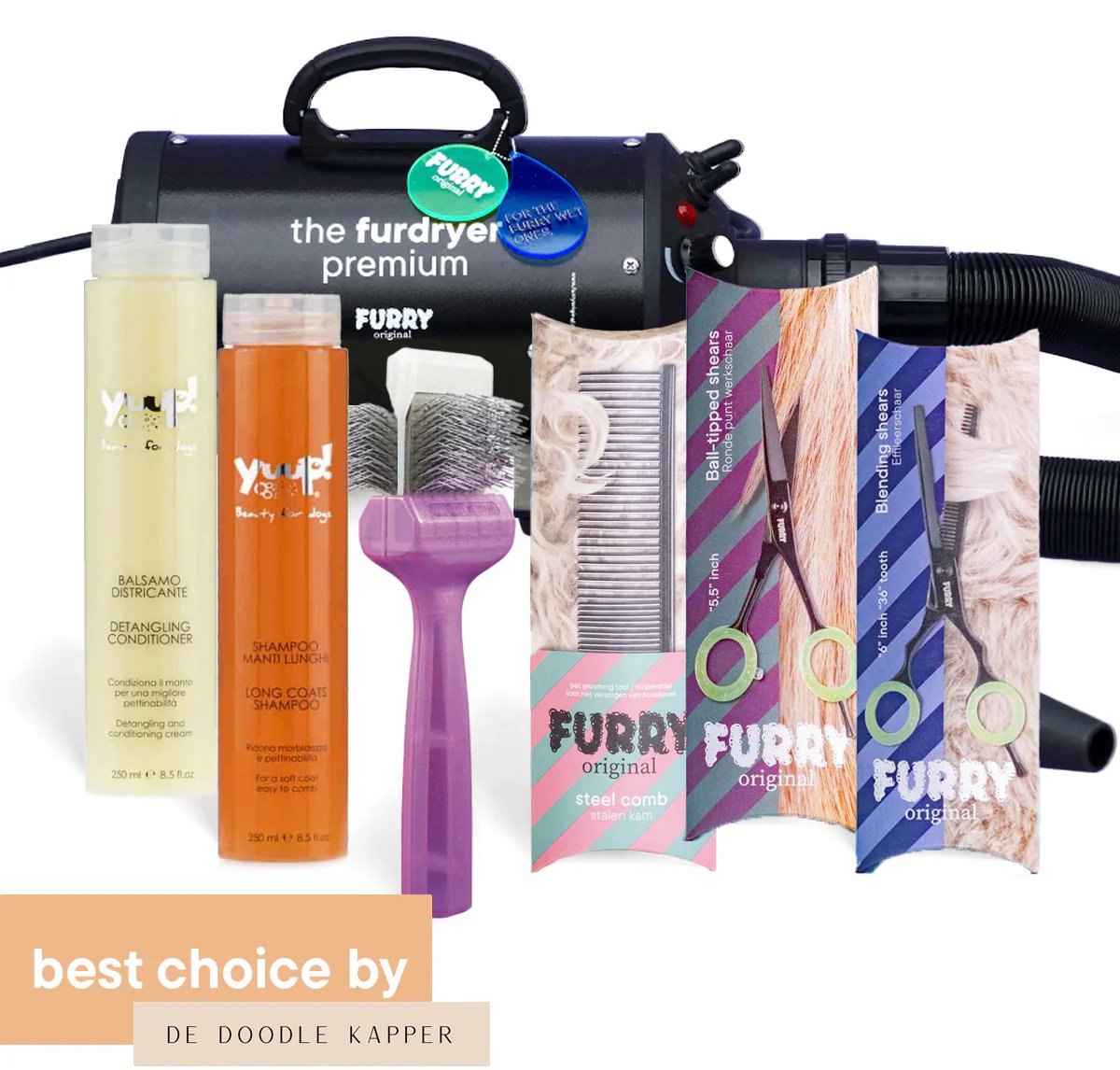 Furry Original® Verzorgingsset voor Doodle - Waterblazer & Hondenfohn met Geluidsdemper - Yuup! Honden Shampoo & Conditioner - Activet Borstel Paars - Ogen & Potenschaar, Effileerschaar en Kam Hond