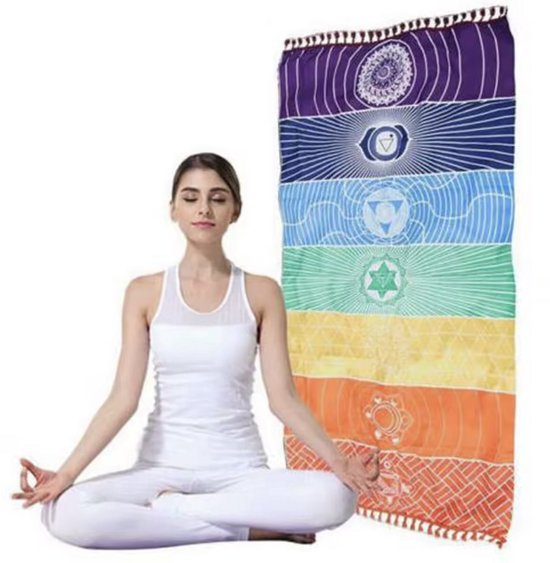 Chakra kleed - Meditatie / yoga deken - Doek met chakra symbolen - Stranddoek / handdoek / muurkleed / wandkleed - 7 chakra's - 150x70 cm - Regenboog - Jonyx van Chakra. — afbeelding 2