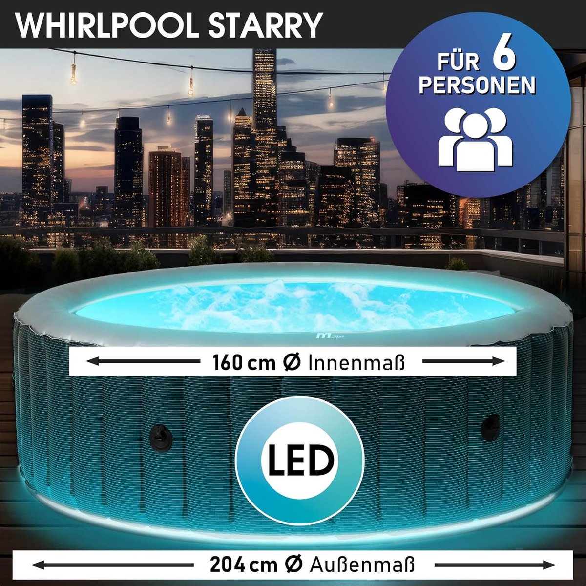 Luxe Opblaasbare Whirlpool Starry LED – 6 Personen Jacuzzi, Diameter 204 x 70 cm, 138 Massagemondstukken, Bubble Massage, Waterverwarming, Energiebesparende Timer, Binnen & Buiten Gebruik, Industrohome