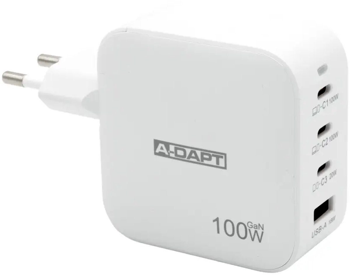 A-DAPT Thuislader - 4 Poorten - 100W - 3x USB-C PD + 1x USB QC 3.0 - Wit