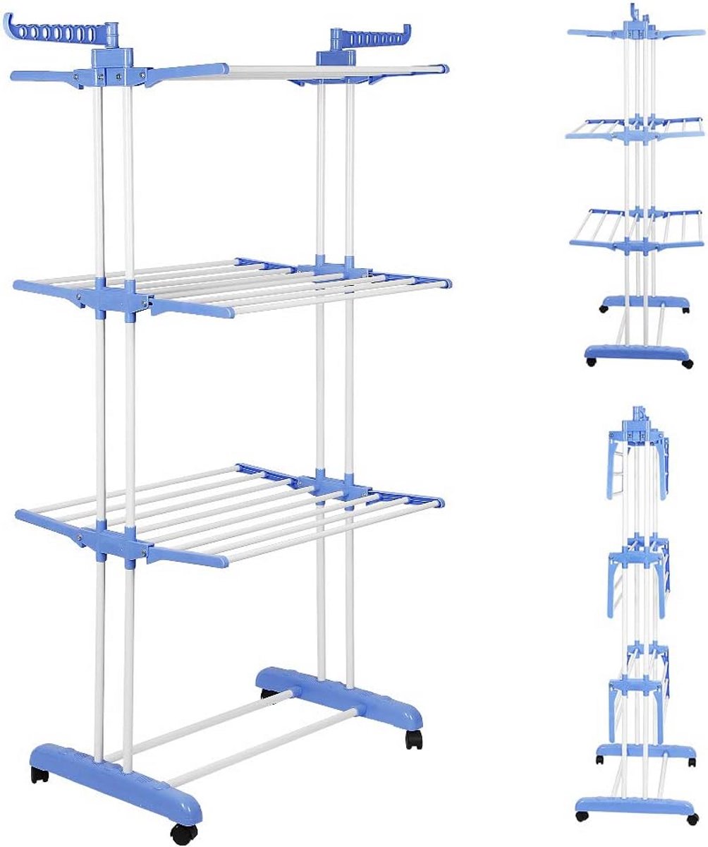 THINFAR Wasdroger wasrek opvouwbaar zijvleugels op 3 niveaus hoge capaciteit (75 x 64 x 170 cm blauw-wit)