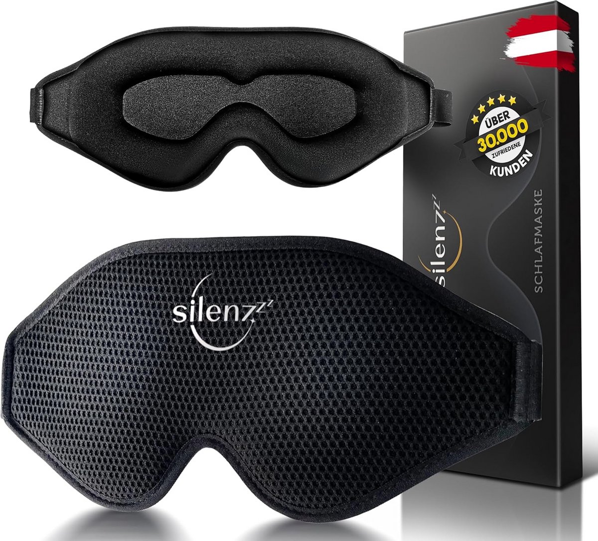 SILENZZZ® Premium slaapmasker, 3D-oogmasker voor vrouwen en heren, slaapbril, comfortabel, gevoerd, voor absolute duisternis, slaapmasker, zwart