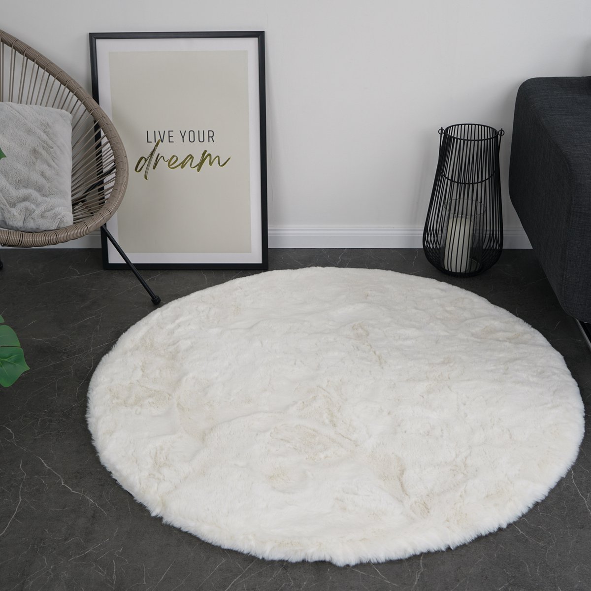 Fluffy Vloerkleed Ivoor Wit 160x160 cm rond – Hoogpolig 30 mm – Extra Dik & Zacht – 1900 g/m² – Afgewerkte Randen