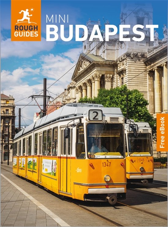Mini Budapest Rough Guides reisgids met e-boek. Gele tram rijdt door de stad met gebouwen op de achtergrond.