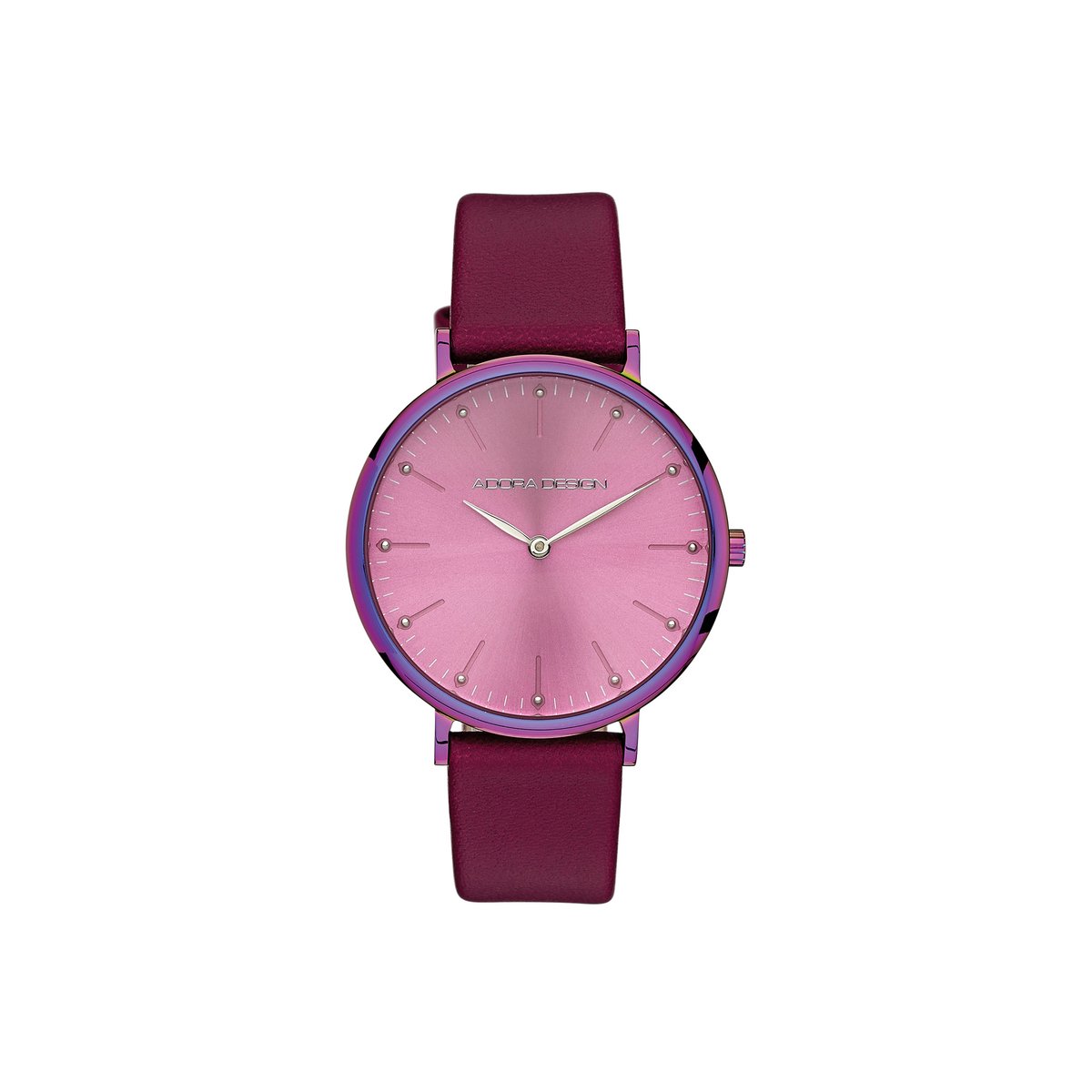 Adora Design Dames Horloge - Lederen Band - Fuchsia Roze - Iridescent Multicolor Kast - Ø 34 mm - 5 ATM