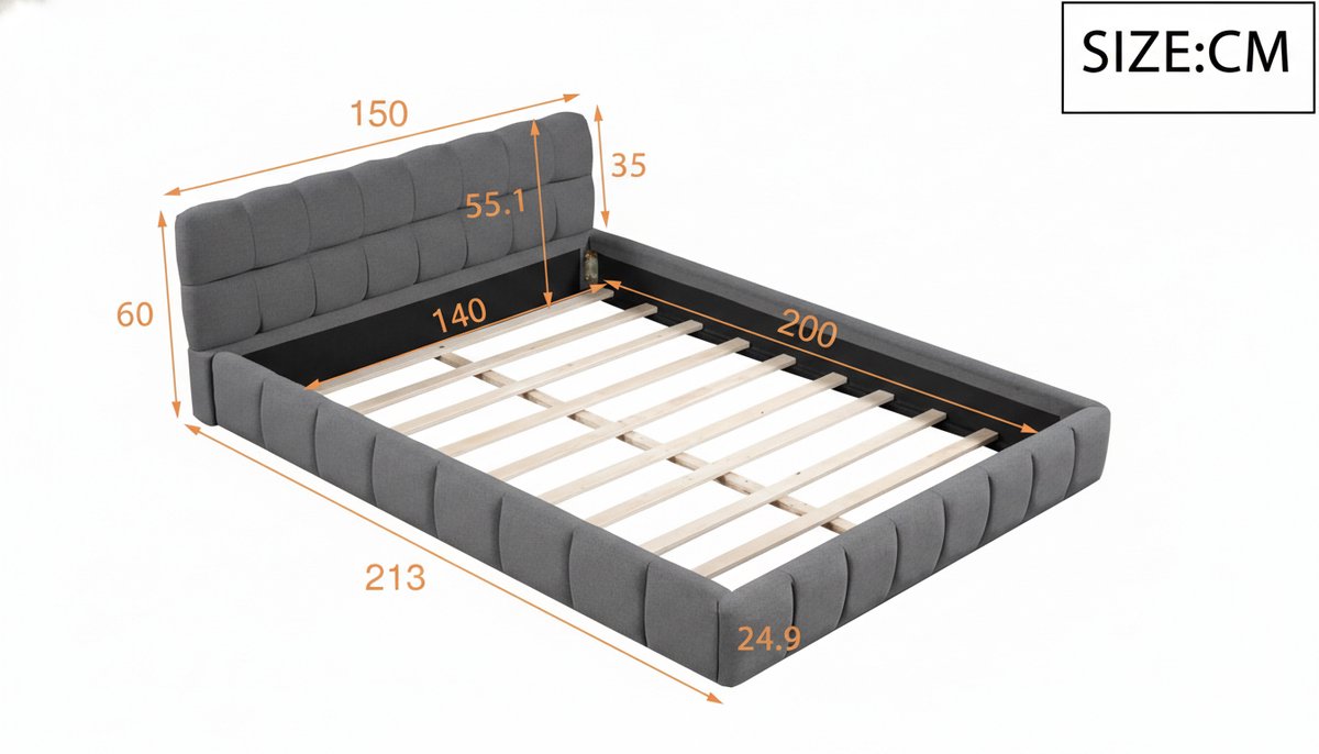 Gestoffeerd Tweepersoonsbed 140x200 met Lattenbodem en Zachte Rugleuning – Modern Linnen Bedframe met Verdiept Matrasontwerp – Comfortabel Tienerbed / Volwassenen Bed – Grijs – Casa Velluto BubbleComfort Bed