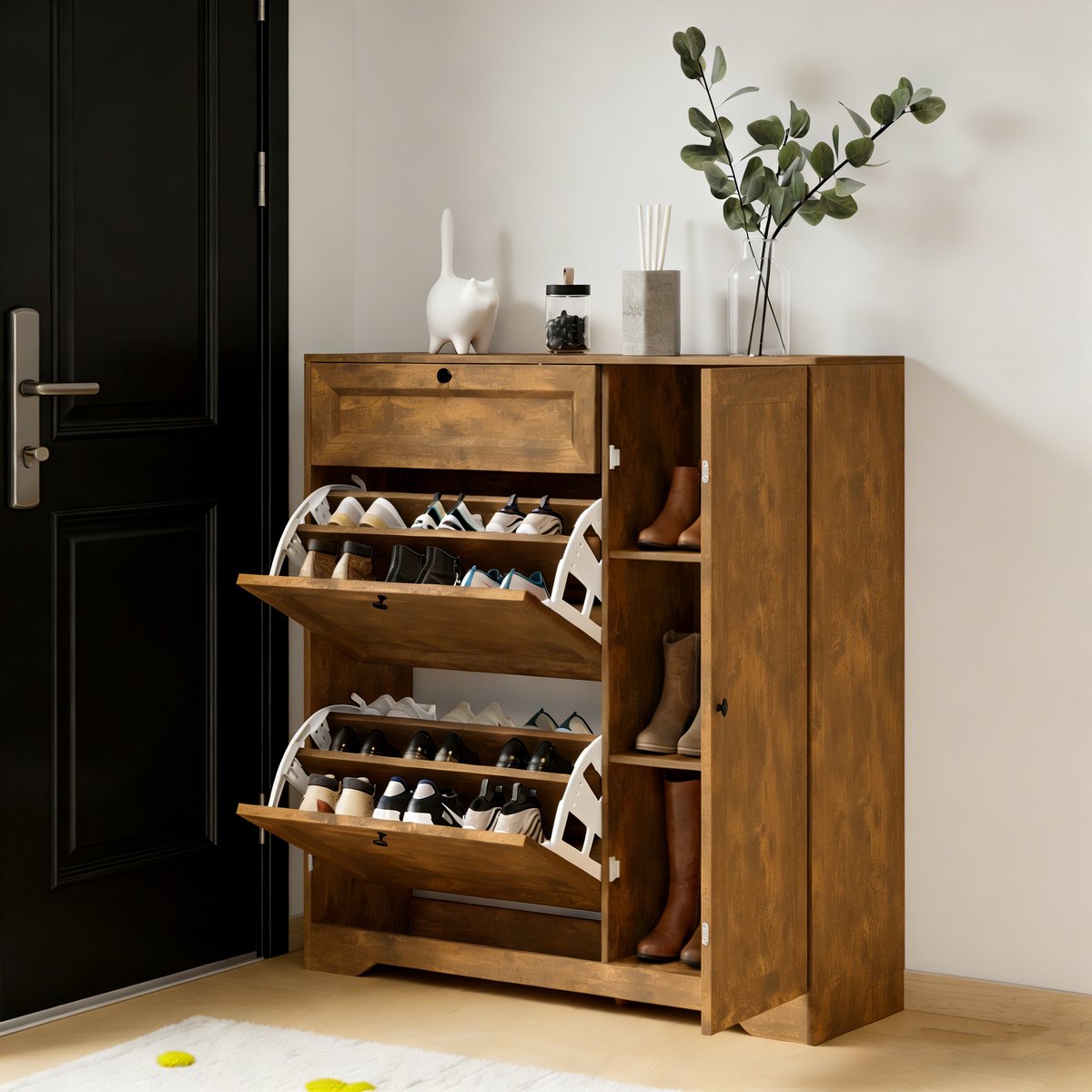 Bealife FS60 Opvouwbaar smal schoenenrek – Met 3 deuren & 1 lade – Inclusief verstelbare planken – Ook geschikt voor laarzen – 102 x 100 x 30 cm – Bruin