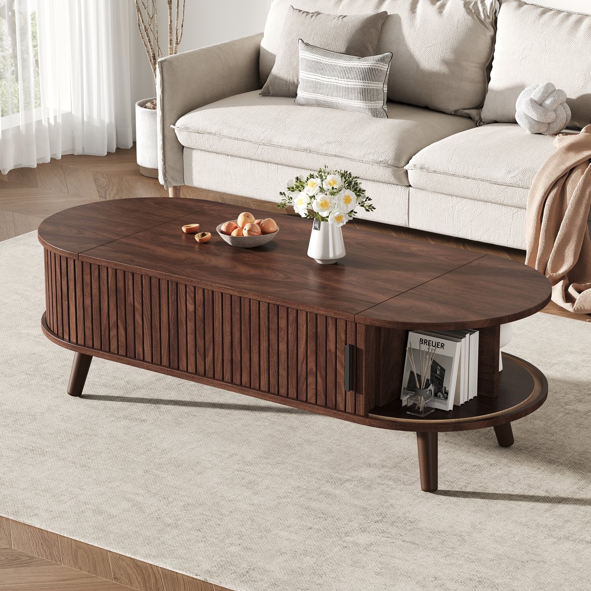 OKWISH Salontafel - Verstelbaar Blad Tot 53,5 Cm - Met Verborgen Opbergruimte En Rolluikvakken - MDF Walnoot - 120×50×39,5 Cm