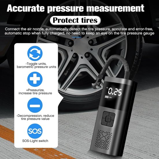 Draadloze Autobandenpomp Met 6000 mAh Batterij - 3 Stuks 150 PSI Draagbare Luchtcompressor Met LCD Scherm En LED Licht - Ideaal Voor Auto, Fiets, Motor En Scooter - Snelle Bandenopblazer — afbeelding 4