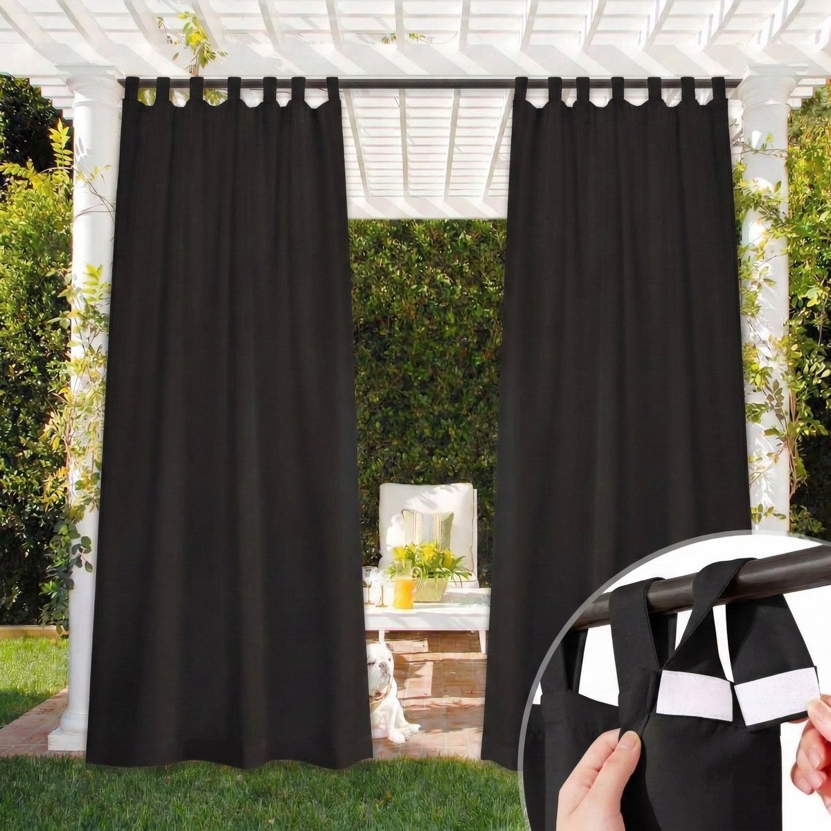 Qelus 2 Stuks Buitengordijnen met Klittenband - Outdoor Gordijn Waterdicht Zonder Roede te Demonteren - Verduisterend - Rideau Extérieur - 132x213cm - Zwart Zwart (2 Stuks)