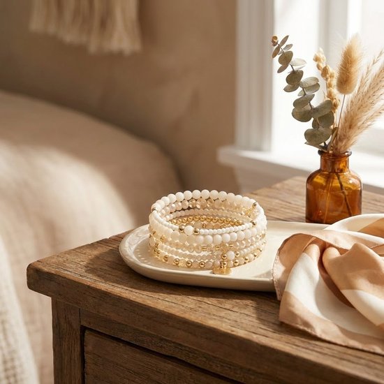 Set van 5 witte en gouden armbanden op schotel, naast een vaas met gedroogde bloemen.