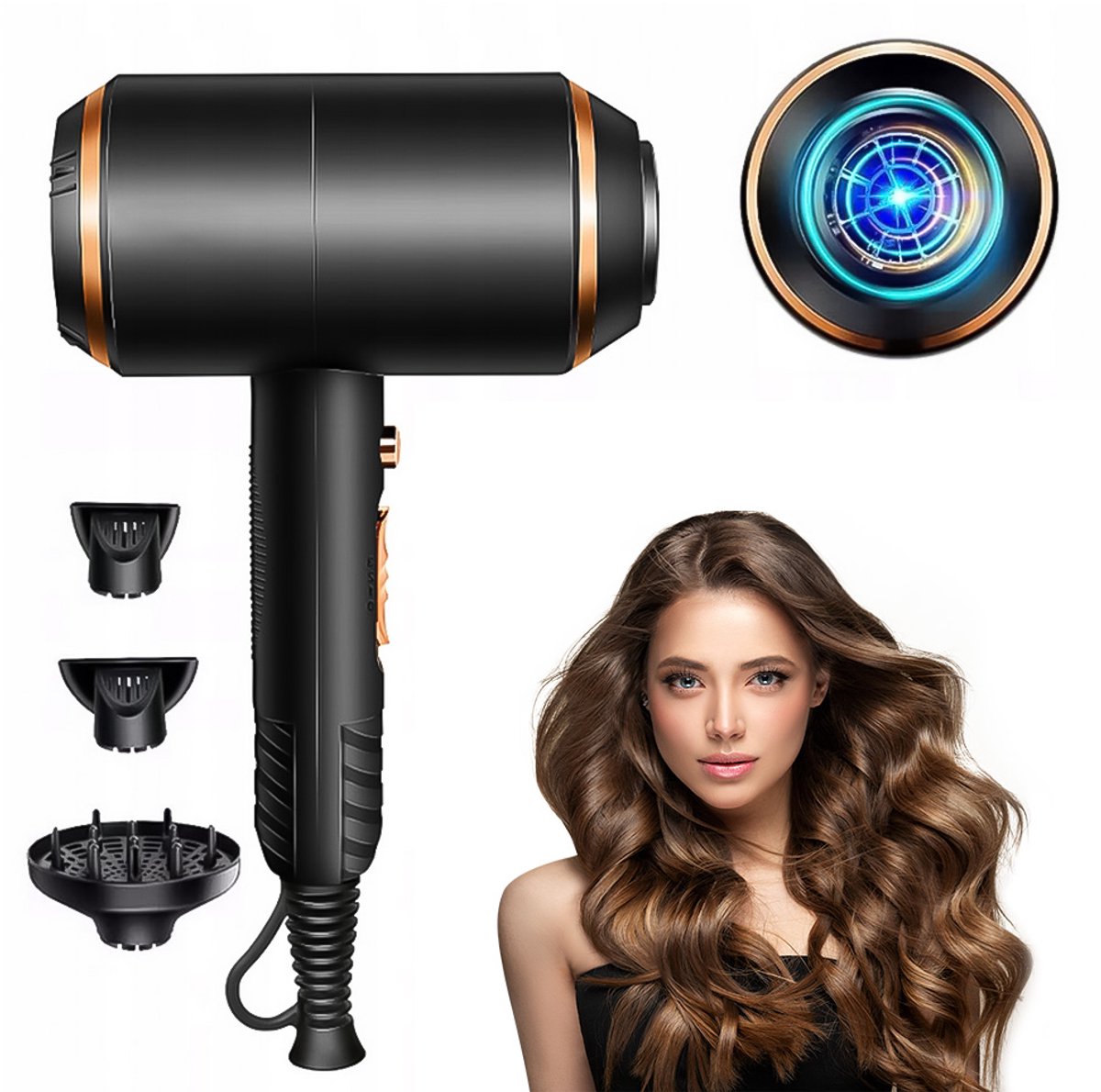 Haardroger voor Dames - Krachtige Haardroger - Haardroger met Diffuser - Drie Temperatuurinstellingen - Negatieve Ionen voor Hydratatie Van Het Haar - 1700W - Zwart