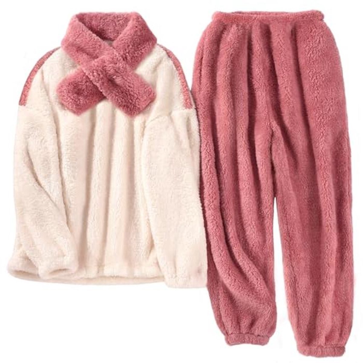Warme Fleece Pyjama voor Dames - Zachte Nachtkleding met Lange Mouwen en Zakken