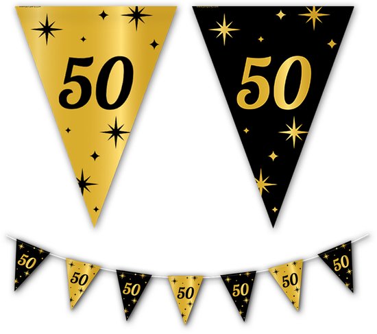BTH - Slingers - 50 Jaar - Goud en Zwart - Slingers Verjaardag - Vlaggenlijn - 50 Jaar Sarah - 50 Jaar Abraham - 1 Stuk