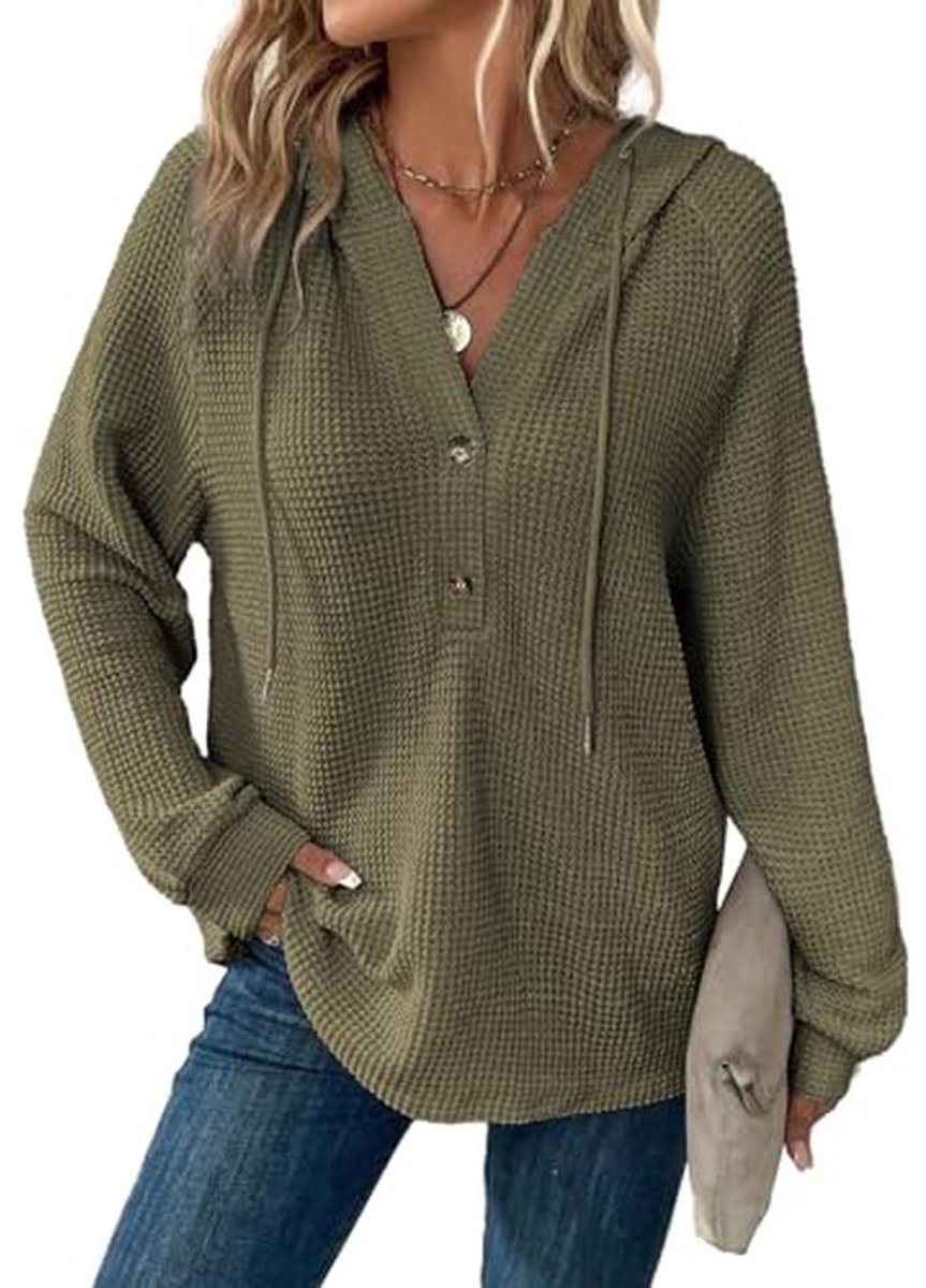 Dames V-hals capuchonpullover met knoopsluiting en lange mouwen - casual sweatshirt voor S-XXL