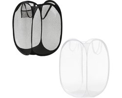 2 opvouwbare wasmanden, grote opvouwbare wasmand, inklapbare wasmand voor op de camping, draagbare waszak, zwart en wit (36 x 36 x 58 cm)