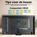 Achterkant van een tv met VESA-montagegaten, H en V afmetingen voor compatibiliteit.